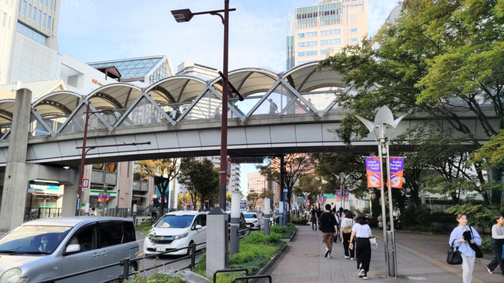 連絡通路と歩道の写真。たくさんショッピングなどにきている人たちが歩いています。